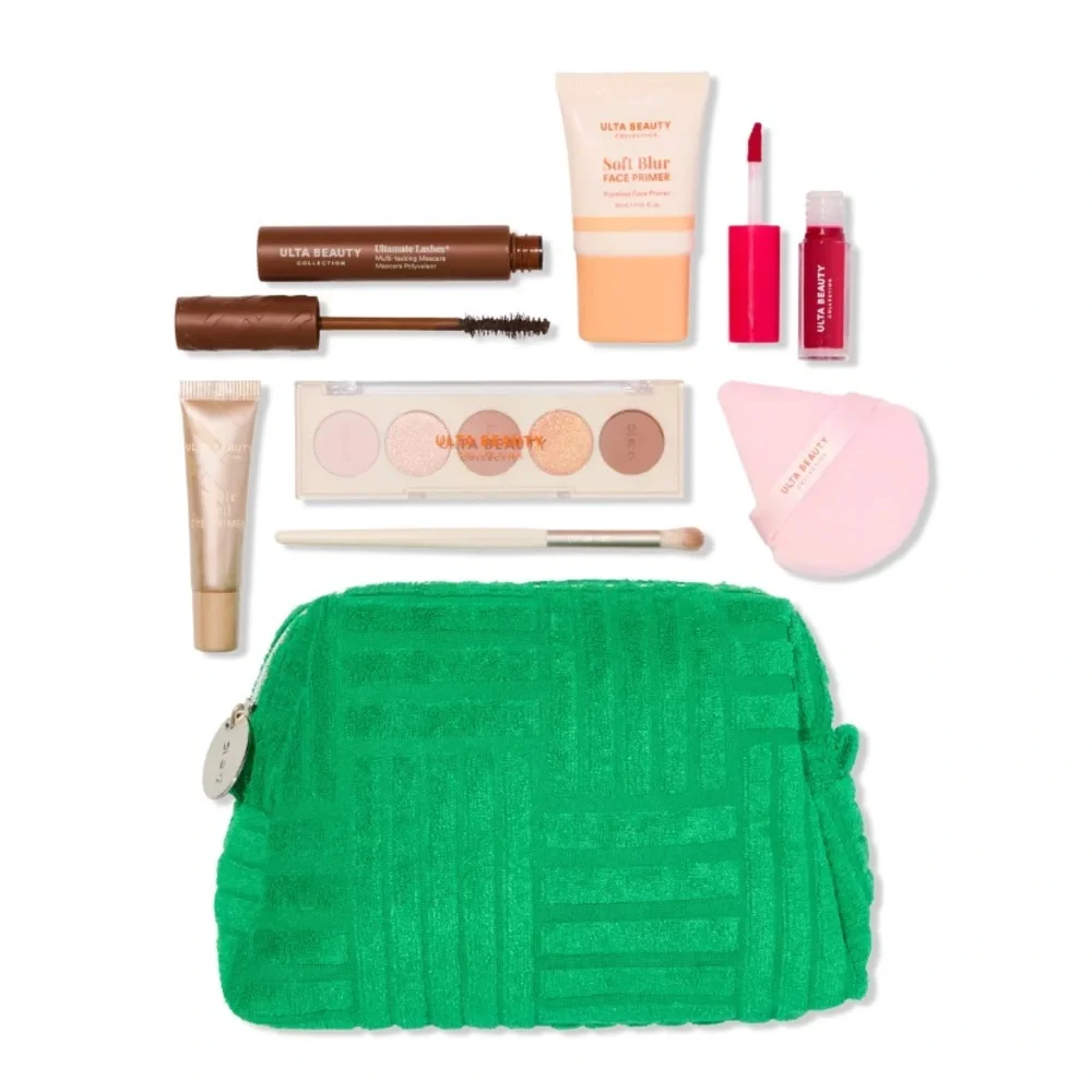 NWT Ulta Green Textured Makeup Pouch with Make Gift Set